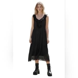 Sheer Silk Ruffle Tiered Midi Dress Boho Chic Gothic French Black Small